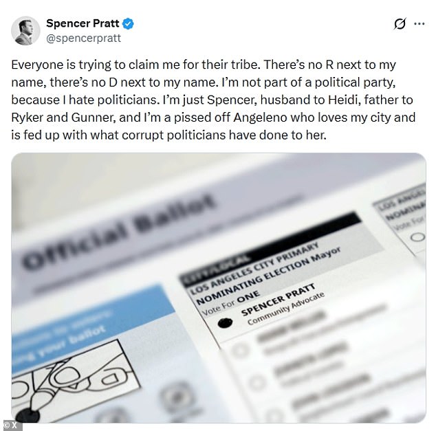 Spencer Pratt défend son indépendance politique et rejette toute affiliation partisane.